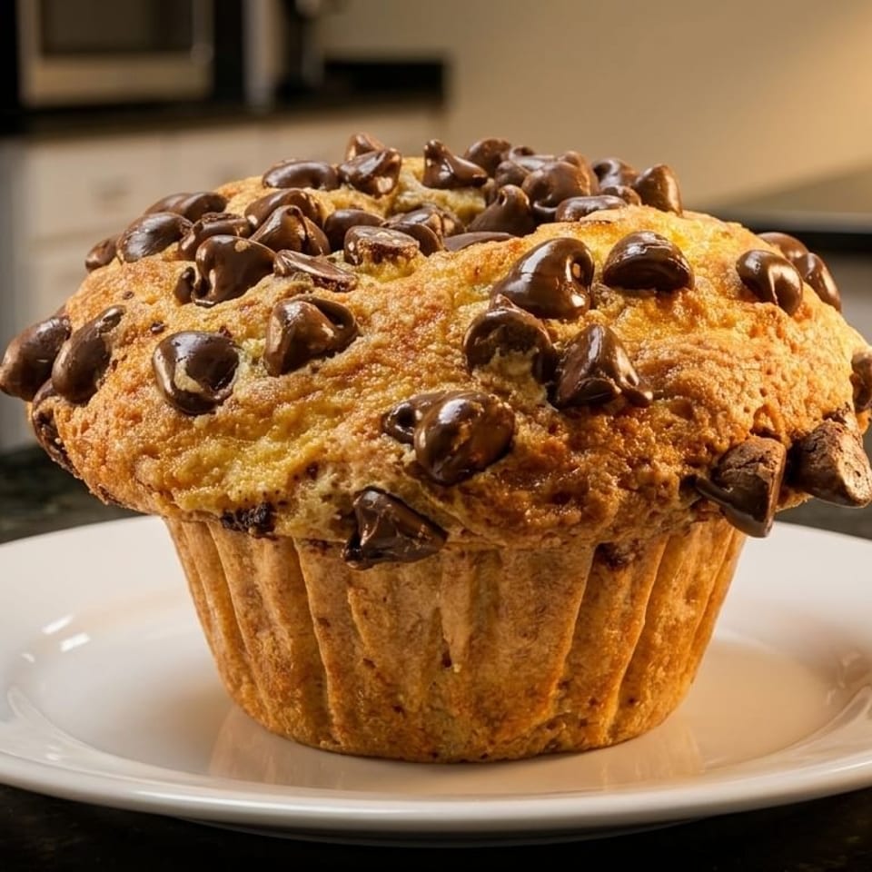 A large, golden-brown chocolate chip muffin sits on a white plate on a dark countertop.