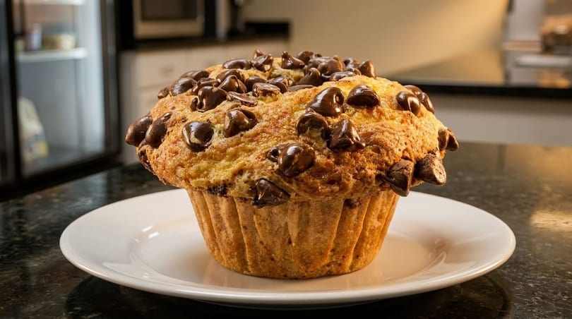 A large, golden-brown chocolate chip muffin sits on a white plate on a dark countertop.